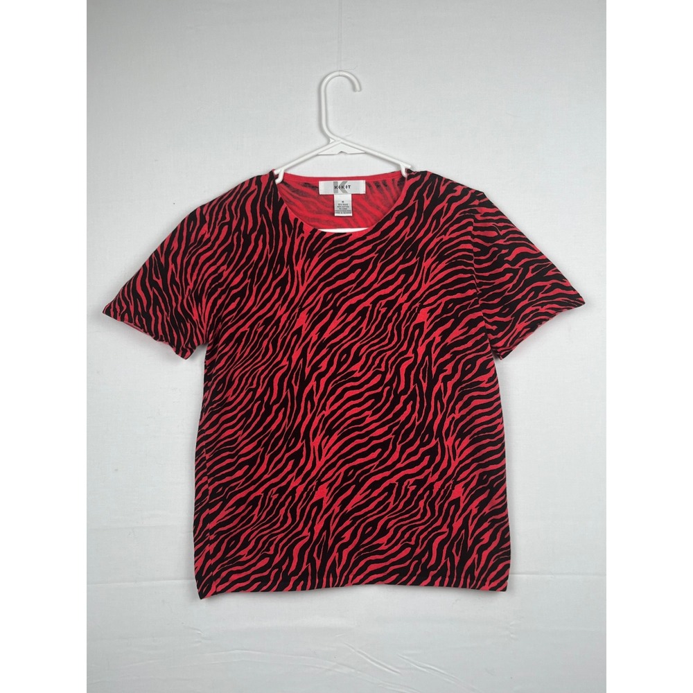 Kikit Zebra Print Top Womens Medium Short Sleeve Red Black Ramie Cotton Blend